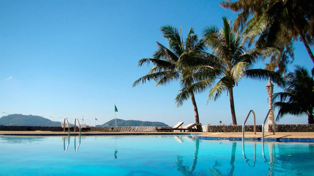 Swimming Pool Palm Trees Clear Sky Lounge Chairs Tropical Resort