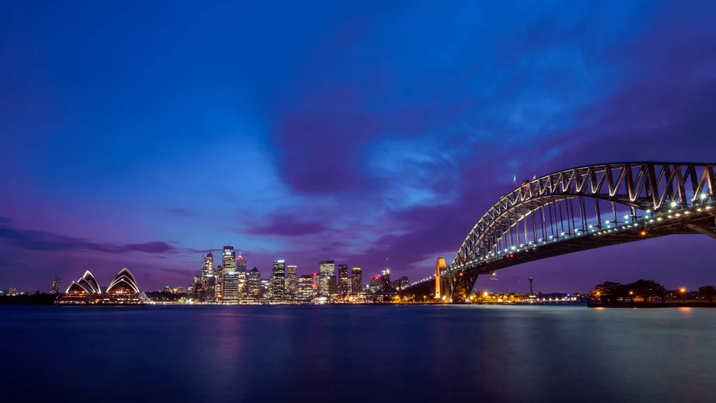 Sydney Harbour Bridge Sydney Opera House City Skyline Twilight Water Reflection Vibrant Colors
