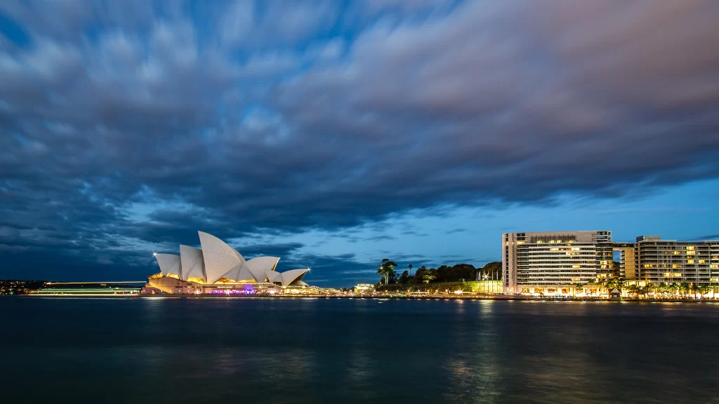 Sydney Opera House Twilight Harbor Cityscape Lights Clouds