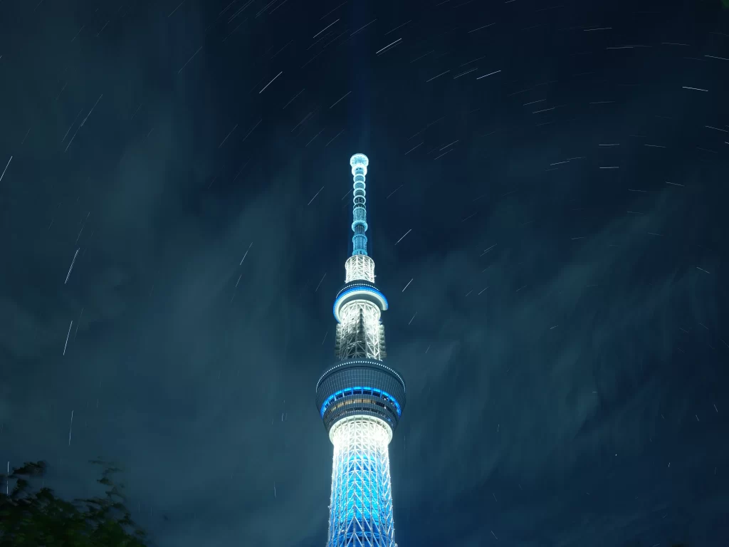 Tokyo Skytree night lights star trails tower cityscape illumination skyline