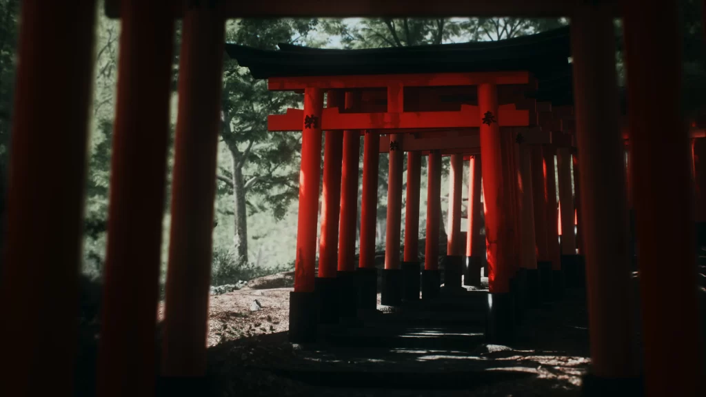 Torii gates traditional Japanese shrine pathway red architecture