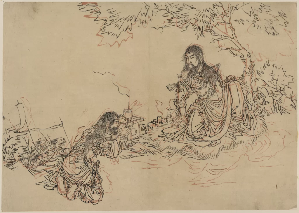 Traditional Art Historical Scene Cultural Depiction Ancient Attire Detailed Line Work