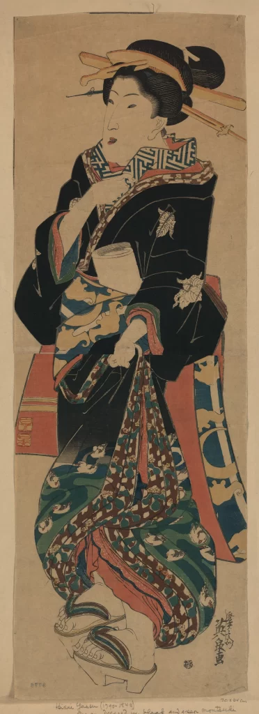 Traditional Attire Elegant Pose Intricate Patterns Ukiyo-e Style Cultural Depiction Historical Costume