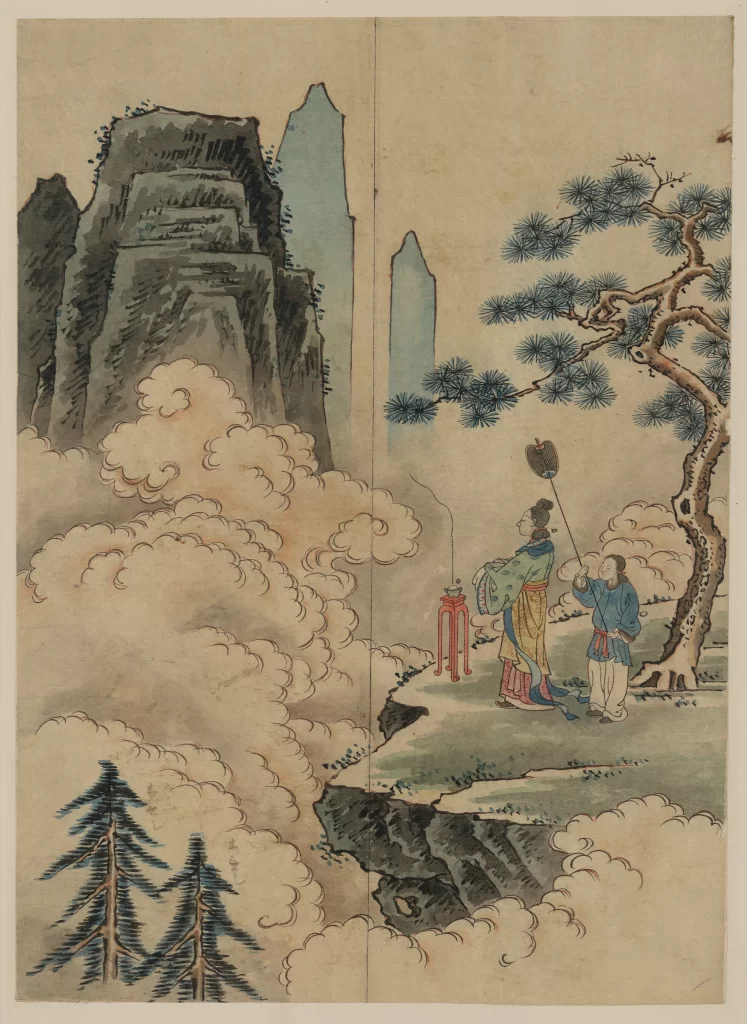 Traditional Chinese Painting Mountains Clouds Figures Pine Tree Cultural Heritage