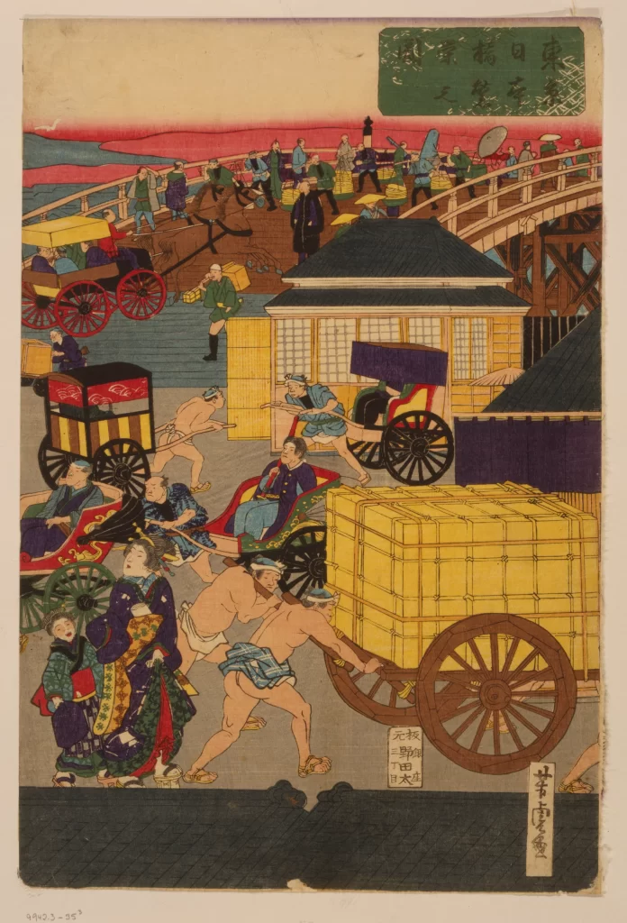 Traditional Japan Edo Period Bustling Street Horse-drawn Carriages Colorful Attire Daily Life