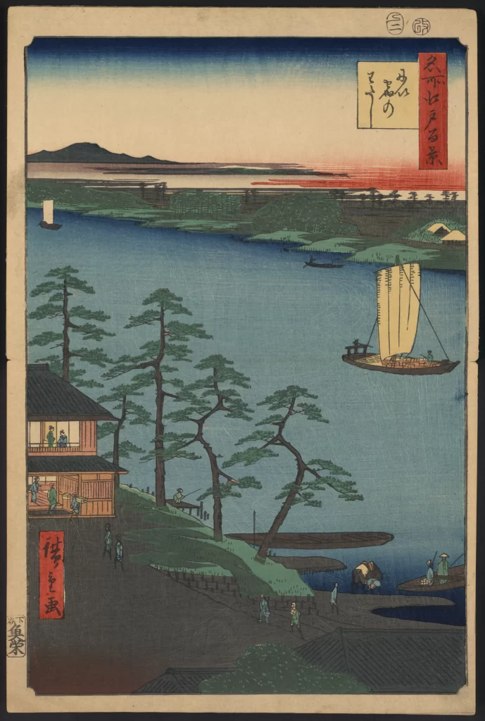 Traditional Japan Landscape River Boats Trees Architecture