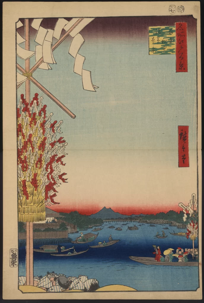 Traditional Japan River Landscape Boats Mount Fuji Festival Ukiyo-e Art