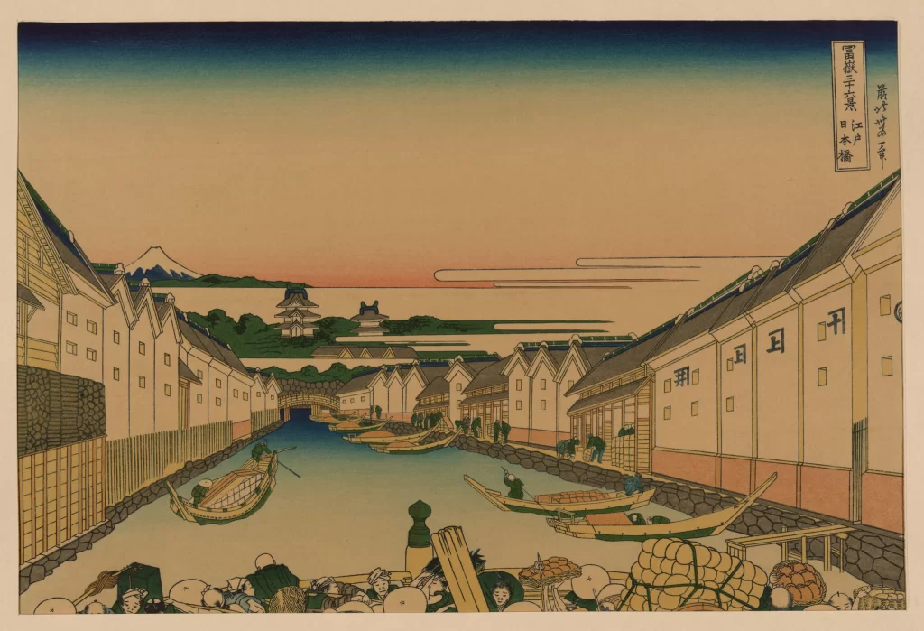 Traditional Japan River Scene Boats Mount Fuji Market Edo Period
