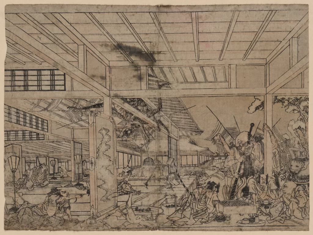 Traditional Japanese Architecture Historical Scene Daily Life Cultural Setting Detailed Interior Ukiyo-e Art Style
