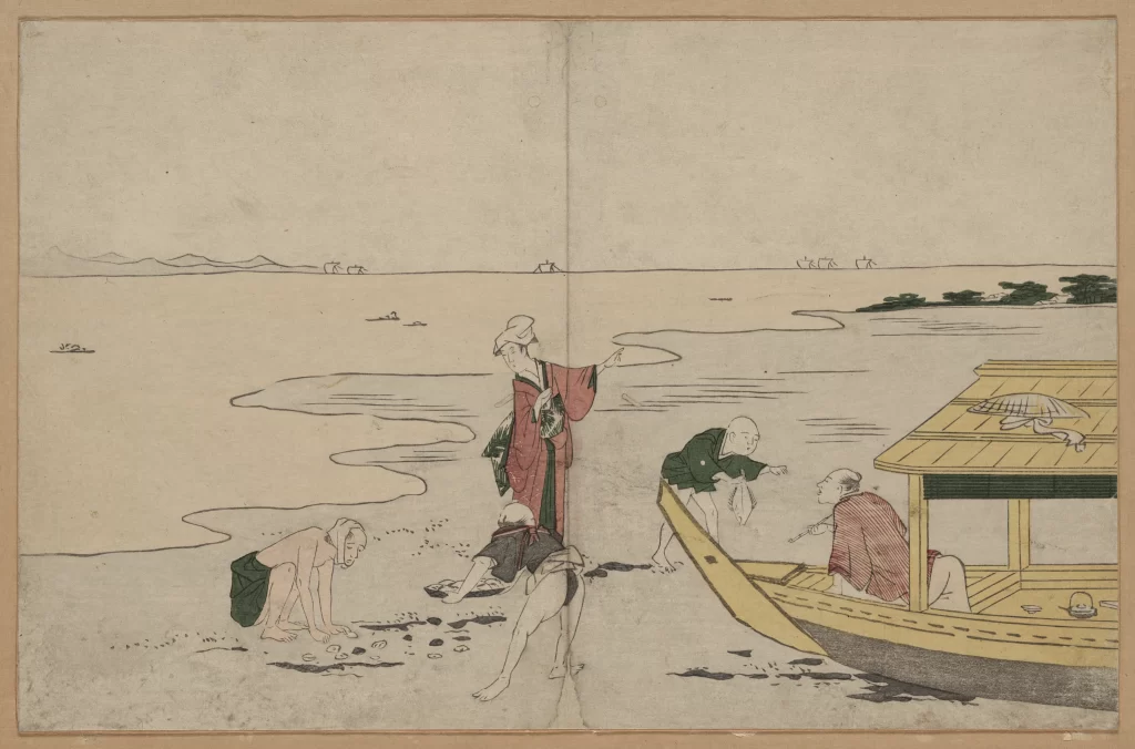 Traditional Japanese Art Boat People Landscape Serene