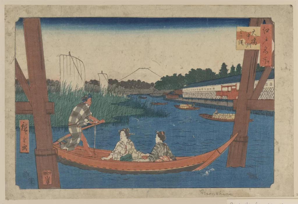 Traditional Japanese Art Boat River People Nature Architecture