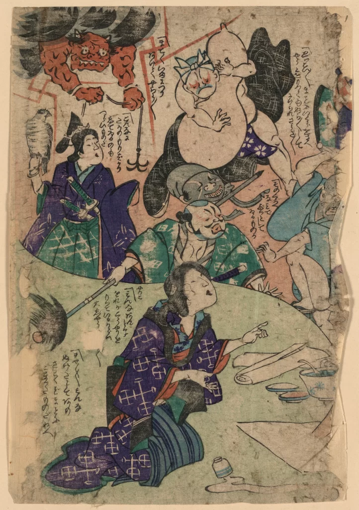 Traditional Japanese Art Colorful Characters Dynamic Scene Cultural Narrative Historical Setting Expressive Faces