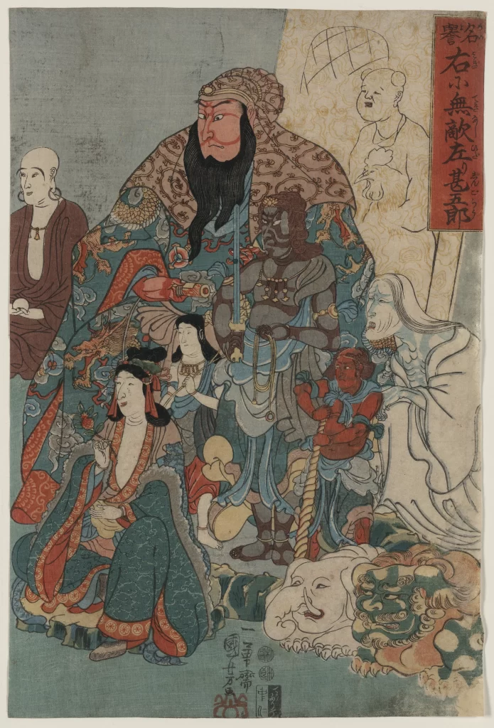 Traditional Japanese Art Colorful Figures Cultural Depiction Historical Scene Intricate Patterns Ukiyo-e Style