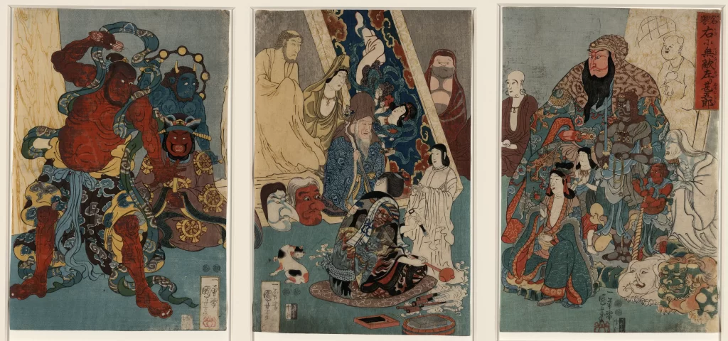 Traditional Japanese Art Colorful Figures Historical Scene Cultural Narrative Ukiyo-e Style Dynamic Composition