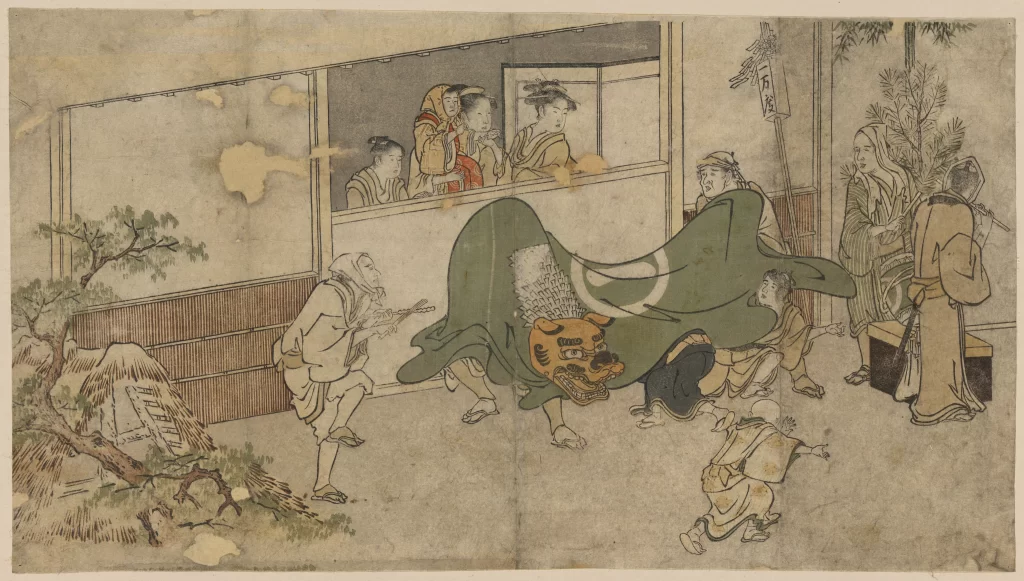 Traditional Japanese Art Cultural Festival Lion Dance Historical Scene Onlookers Performers
