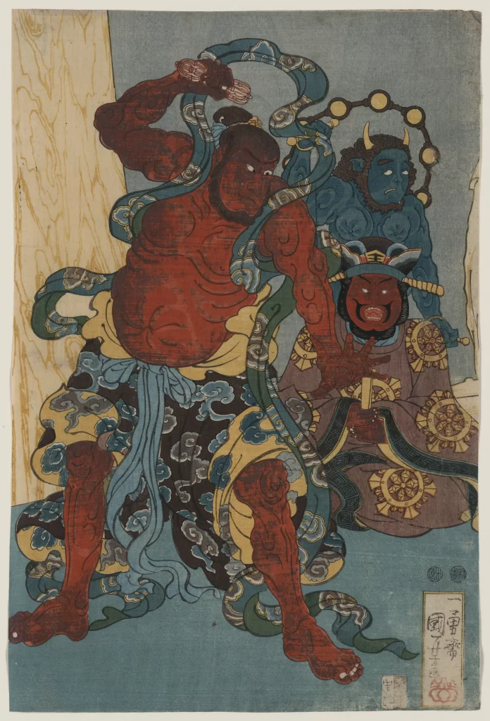 Traditional Japanese Art Dynamic Figures Vibrant Colors Cultural Narrative Historical Scene Intricate Patterns
