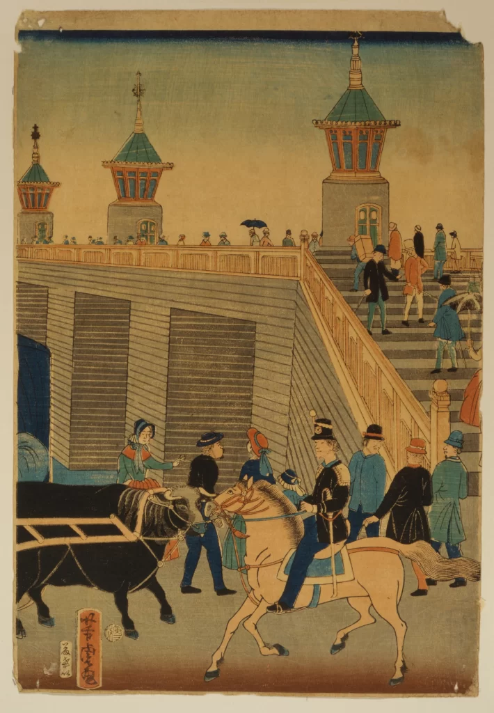 Traditional Japanese Art Edo Period Horse People Architecture Daily Life