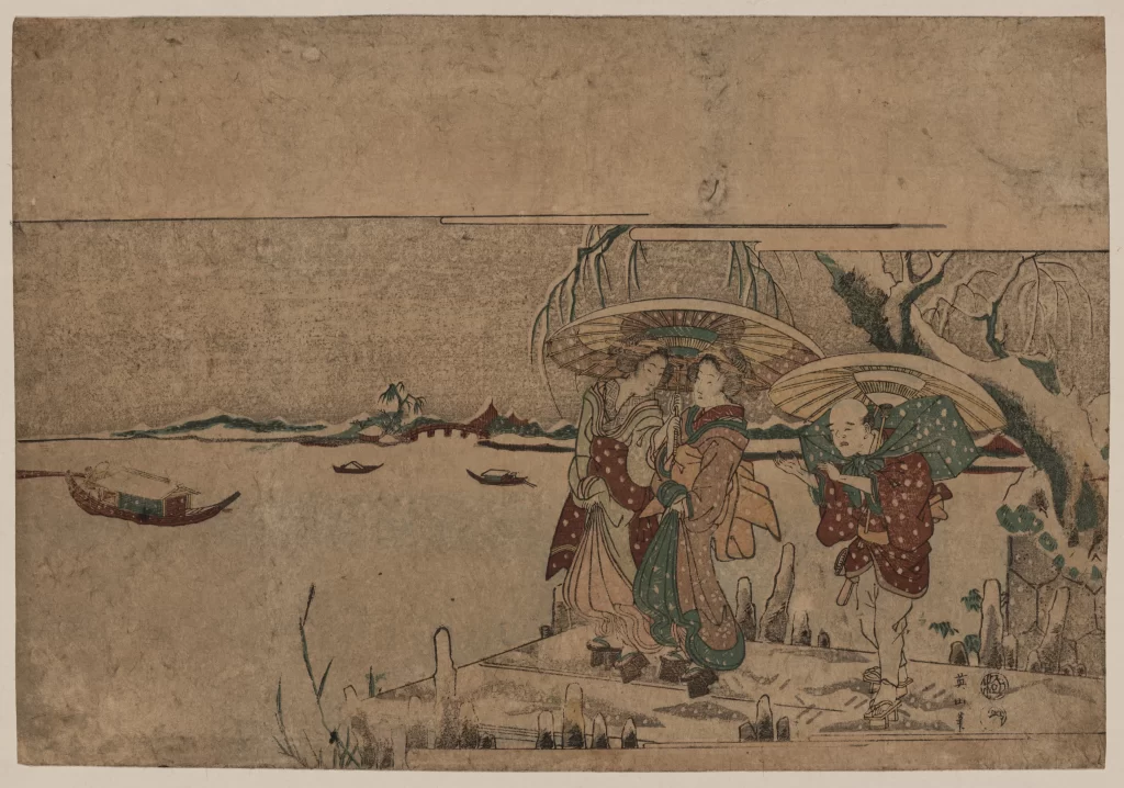Traditional Japanese Art Edo Period Woodblock Print Figures Landscape Cultural Heritage