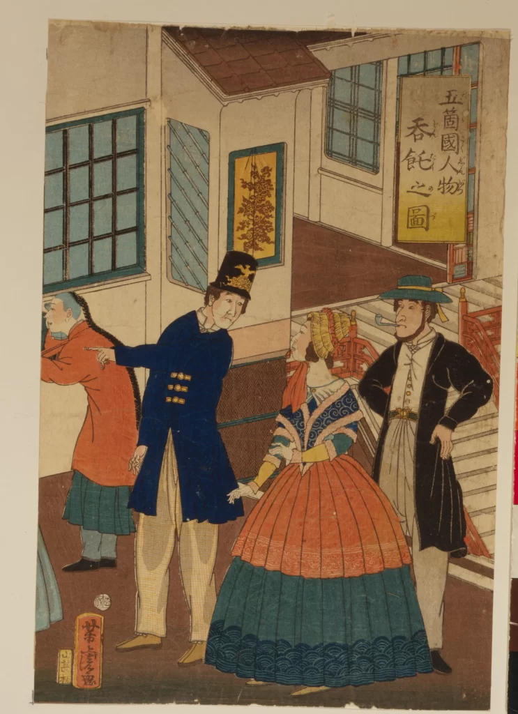Traditional Japanese Art Foreign Visitors Cultural Exchange Historical Scene Colorful Attire Ukiyo-e Style