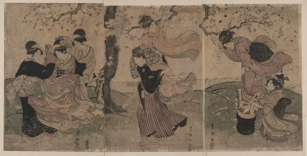 Traditional Japanese Art Historical Scene Cultural Depiction Women Nature Storytelling