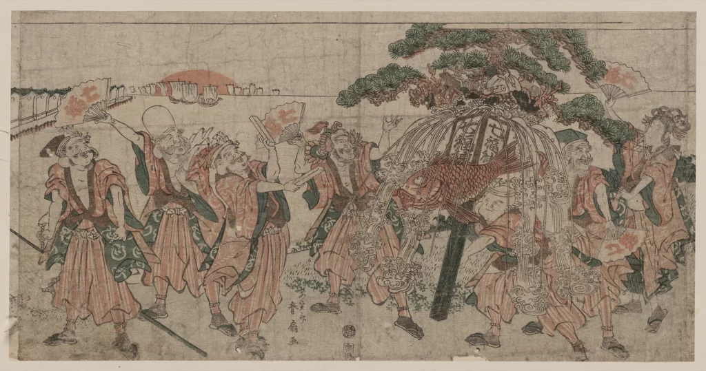 Traditional Japanese Art Historical Scene Cultural Festival Koi Fish Procession Historical Figures