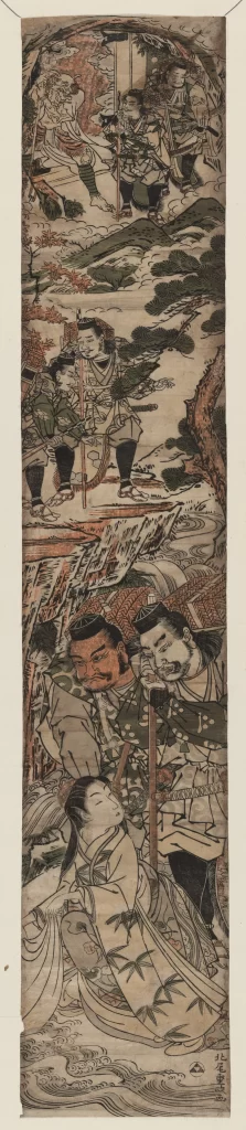Traditional Japanese Art Historical Scene Detailed Figures Nature Elements Cultural Narrative Dynamic Composition