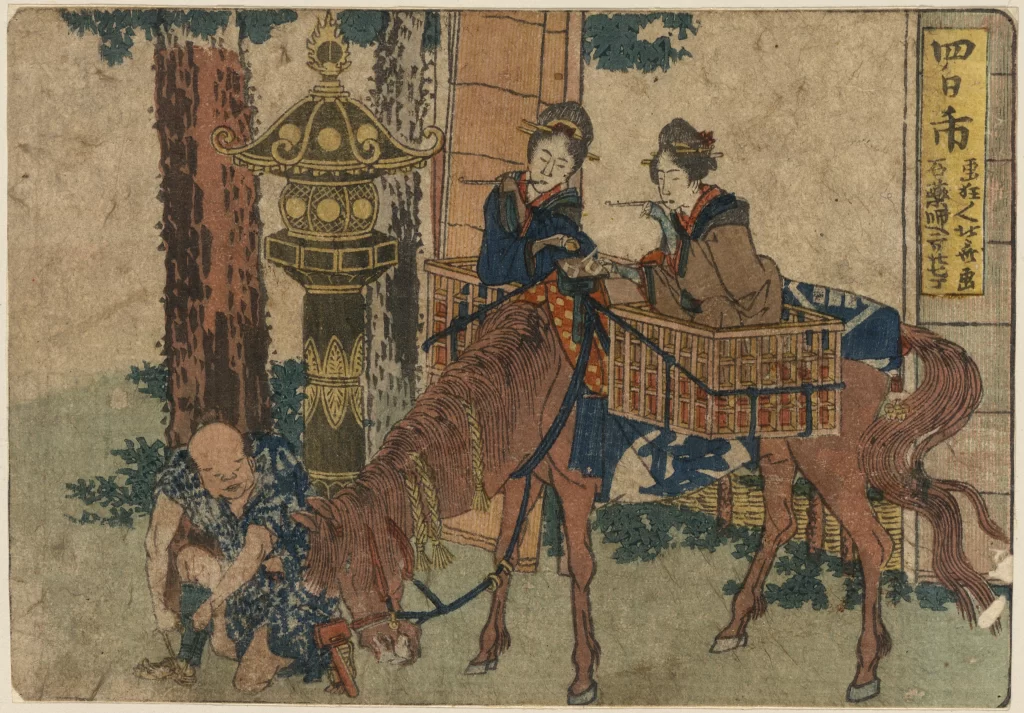 Traditional Japanese Art Historical Scene Horse Samurai Cultural Attire Woodblock Print