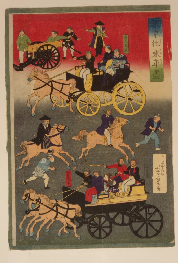 Traditional Japanese Art Horse-drawn Carriages Samurai Dynamic Scene Historical Narrative Vibrant Colors