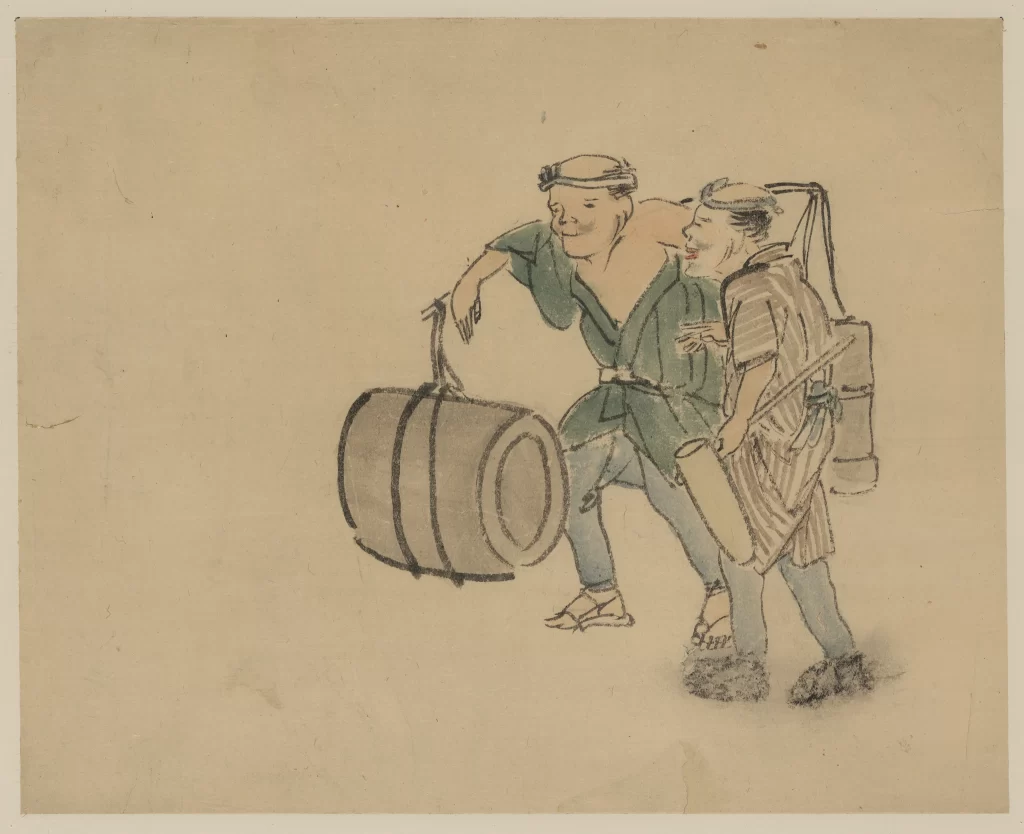 Traditional Japanese Art Ink Painting Historical Scene Cultural Depiction Everyday Life