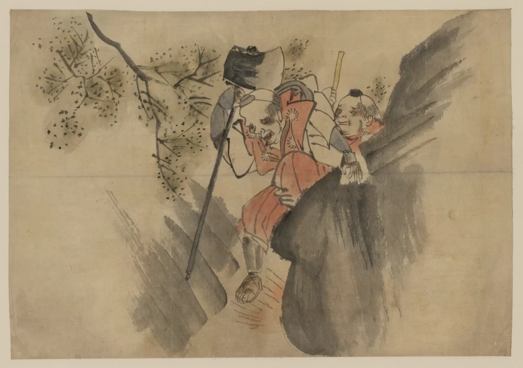 Traditional Japanese Art Ink Wash Painting Historical Scene Cultural Depiction Elderly Figures Mountainous Landscape