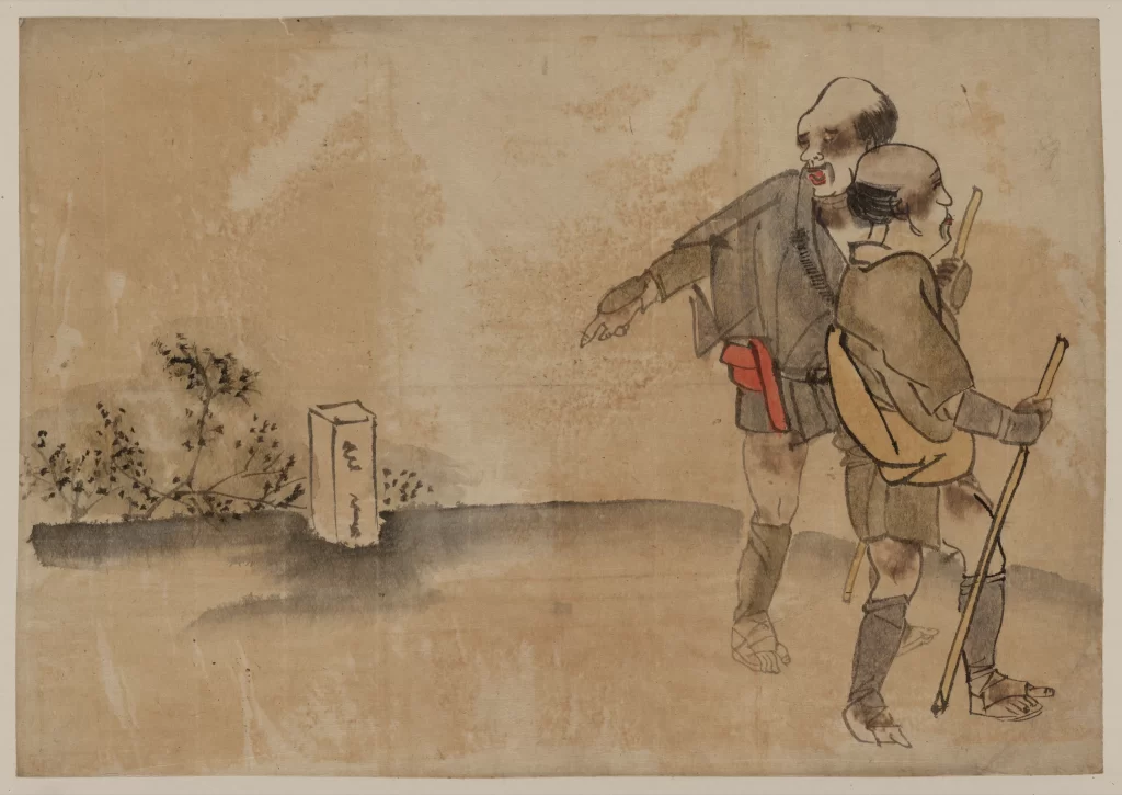 Traditional Japanese Art Ink Wash Painting Travelers Historical Attire Nature Cultural Heritage