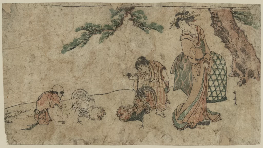 Traditional Japanese Art Roosters Historical Scene Cultural Depiction Nature Setting