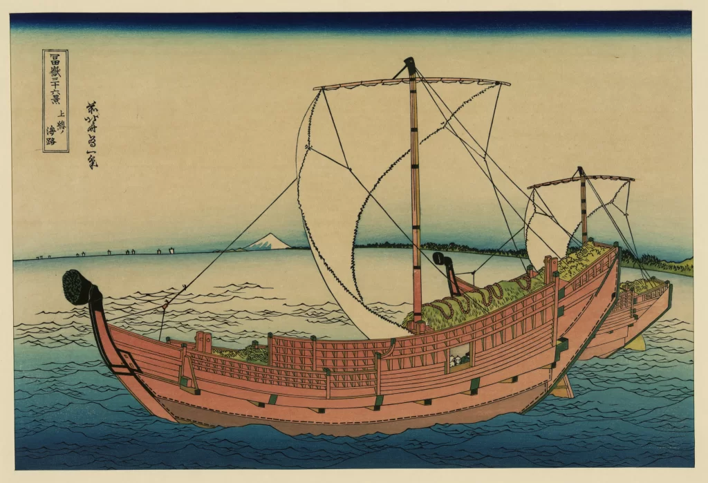 Traditional Japanese Art Sailing Ships Sea Landscape Mount Fuji