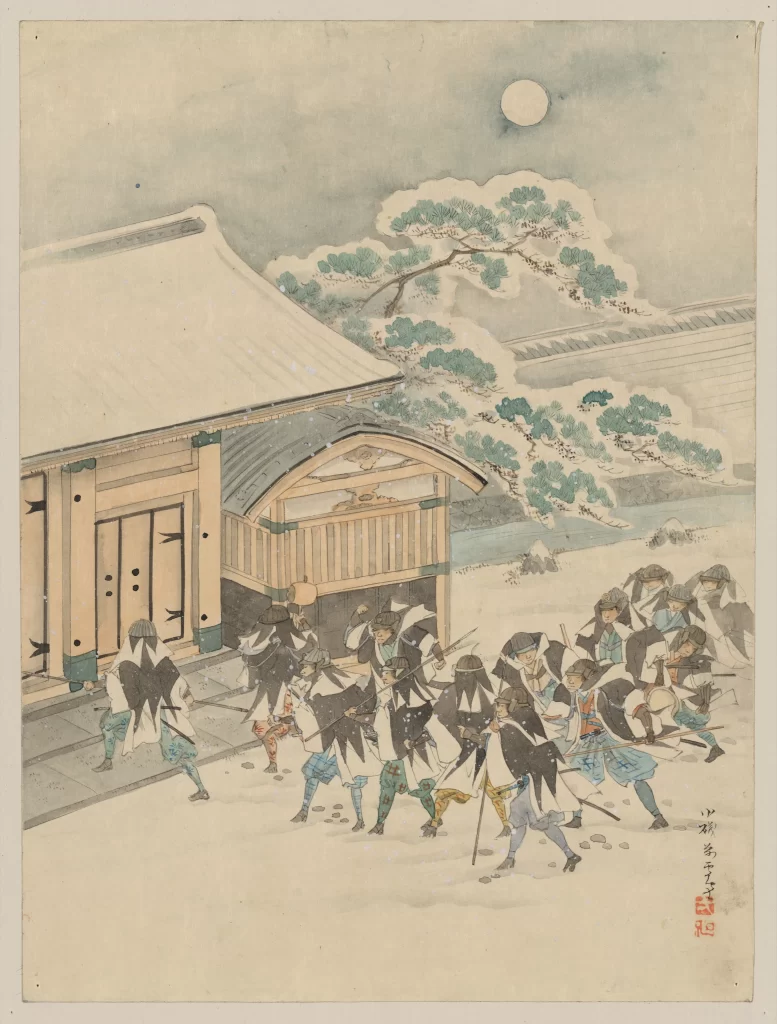 Traditional Japanese Art Samurai Historical Scene Snow Moon Architecture