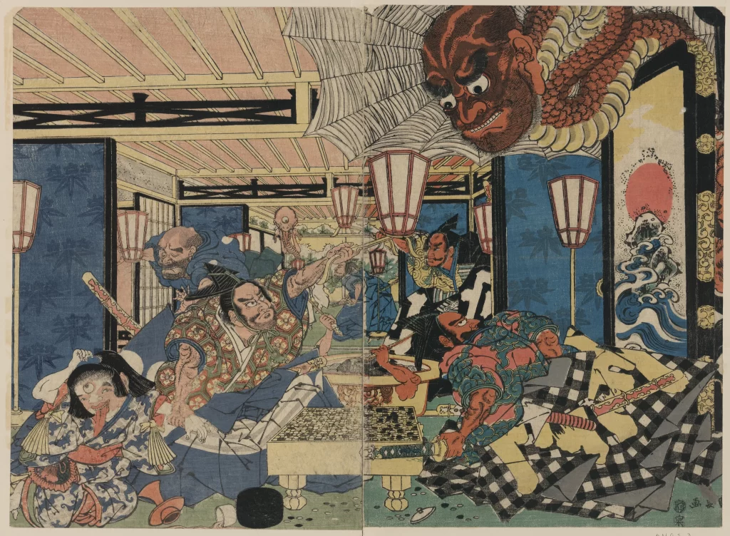 Traditional Japanese Art Samurai Historical Scene Woodblock Print Dynamic Action