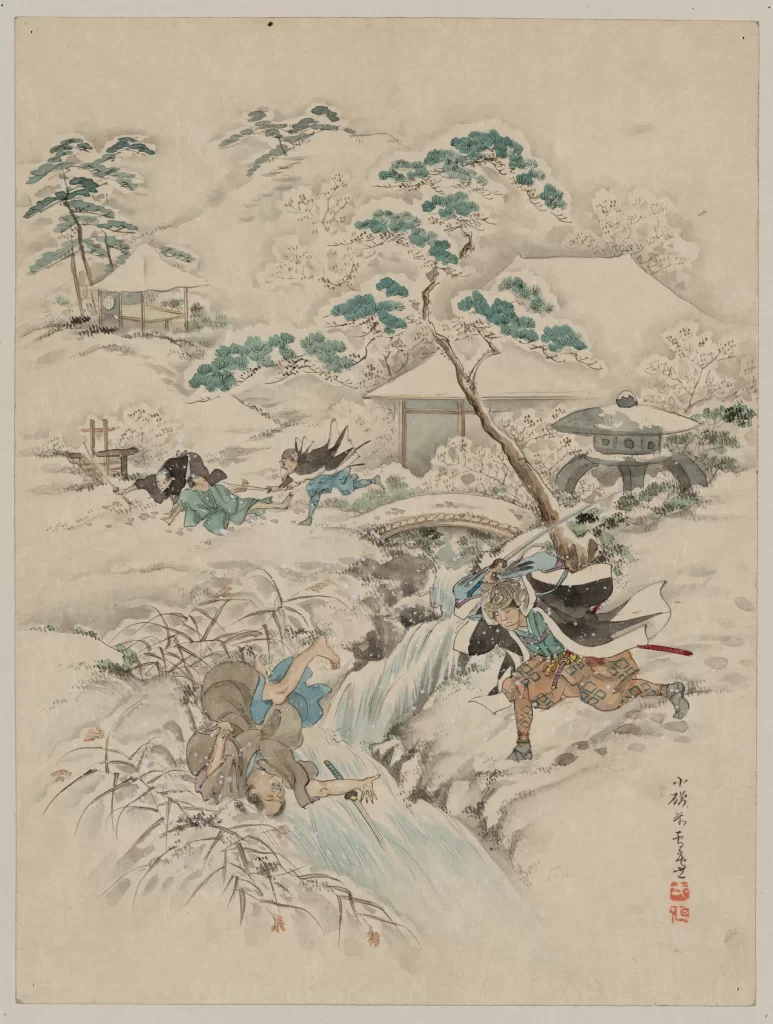 Traditional Japanese Art Samurai Snowy Landscape Dynamic Action Historical Scene