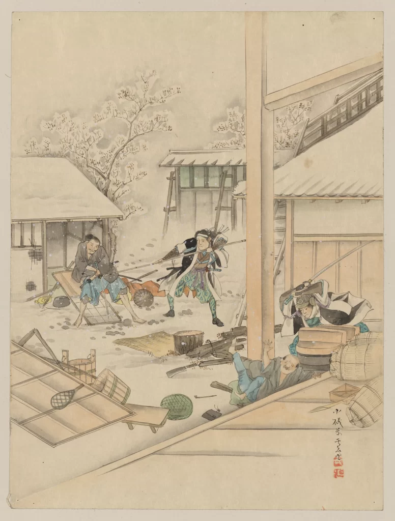 Traditional Japanese Art Samurai Snowy Scene Historical Woodblock Print