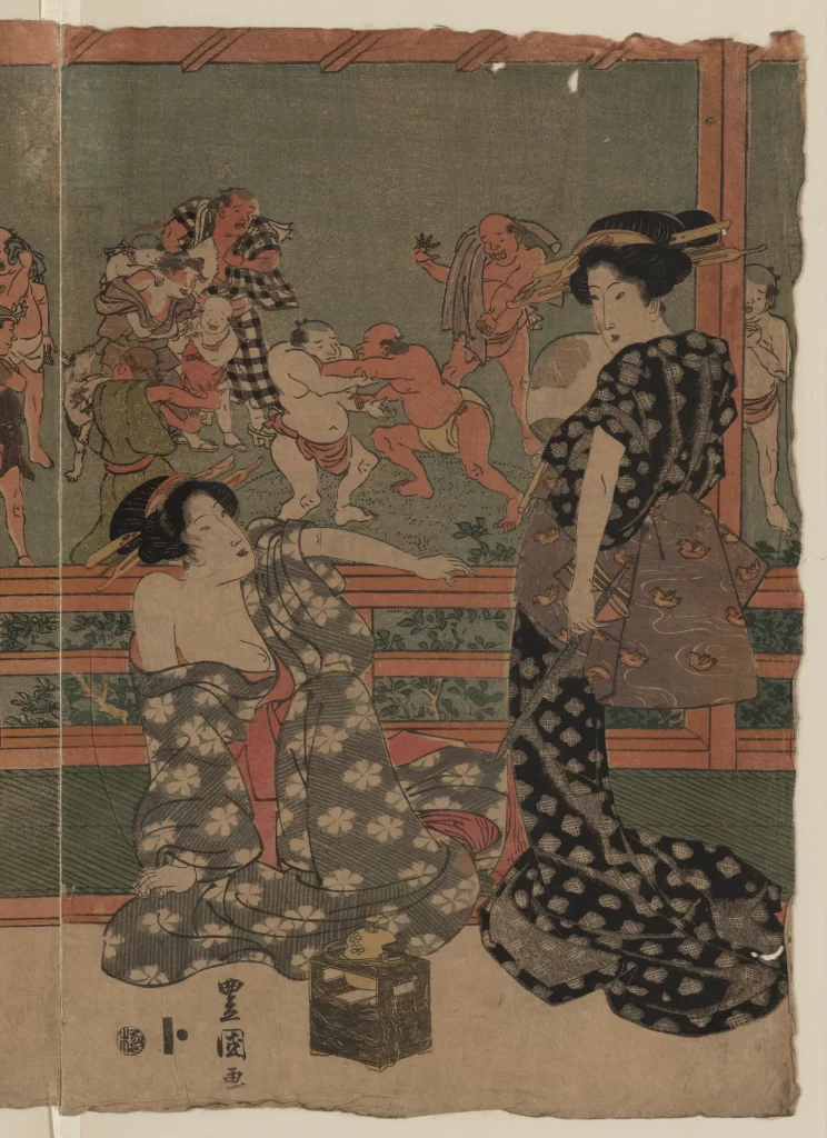 Traditional Japanese Art Sumo Wrestlers Women Kimono Cultural Scene Historical Illustration