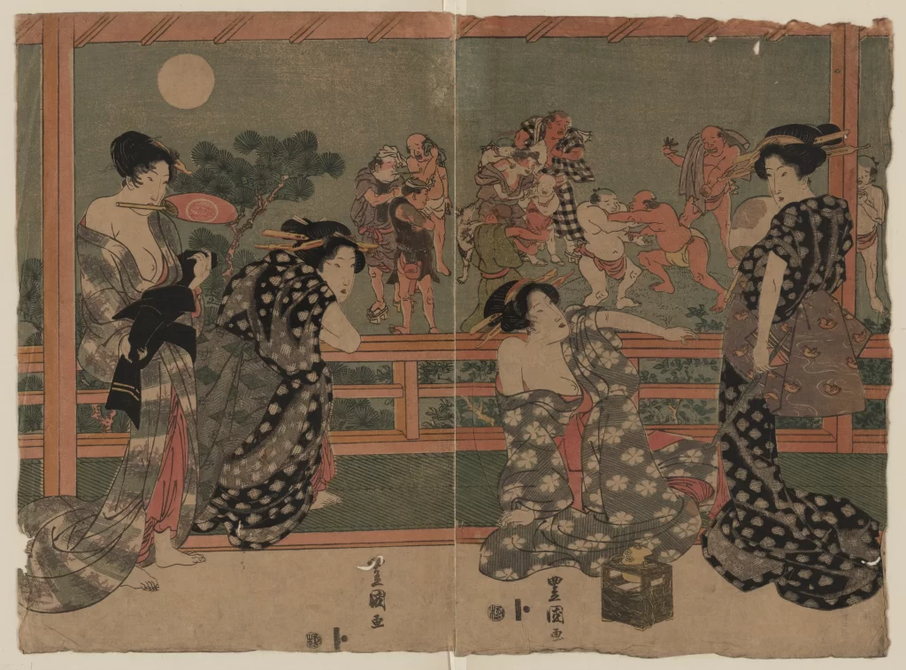 Traditional Japanese Art Sumo Wrestlers Women Moon Edo Period Ukiyo-e