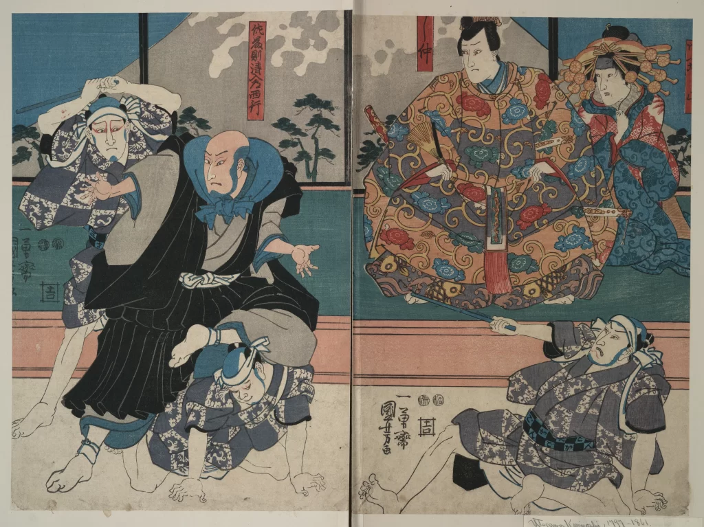 Traditional Japanese Art Sumo Wrestling Historical Scene Colorful Costumes Dynamic Action Cultural Depiction