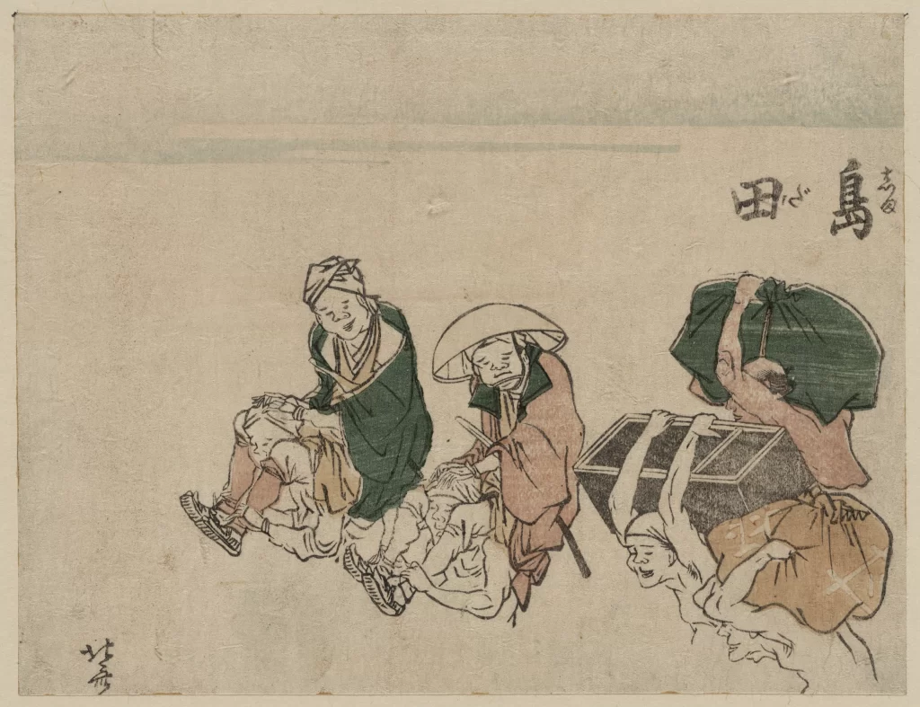Traditional Japanese Art Travelers Resting Historical Scene Woodblock