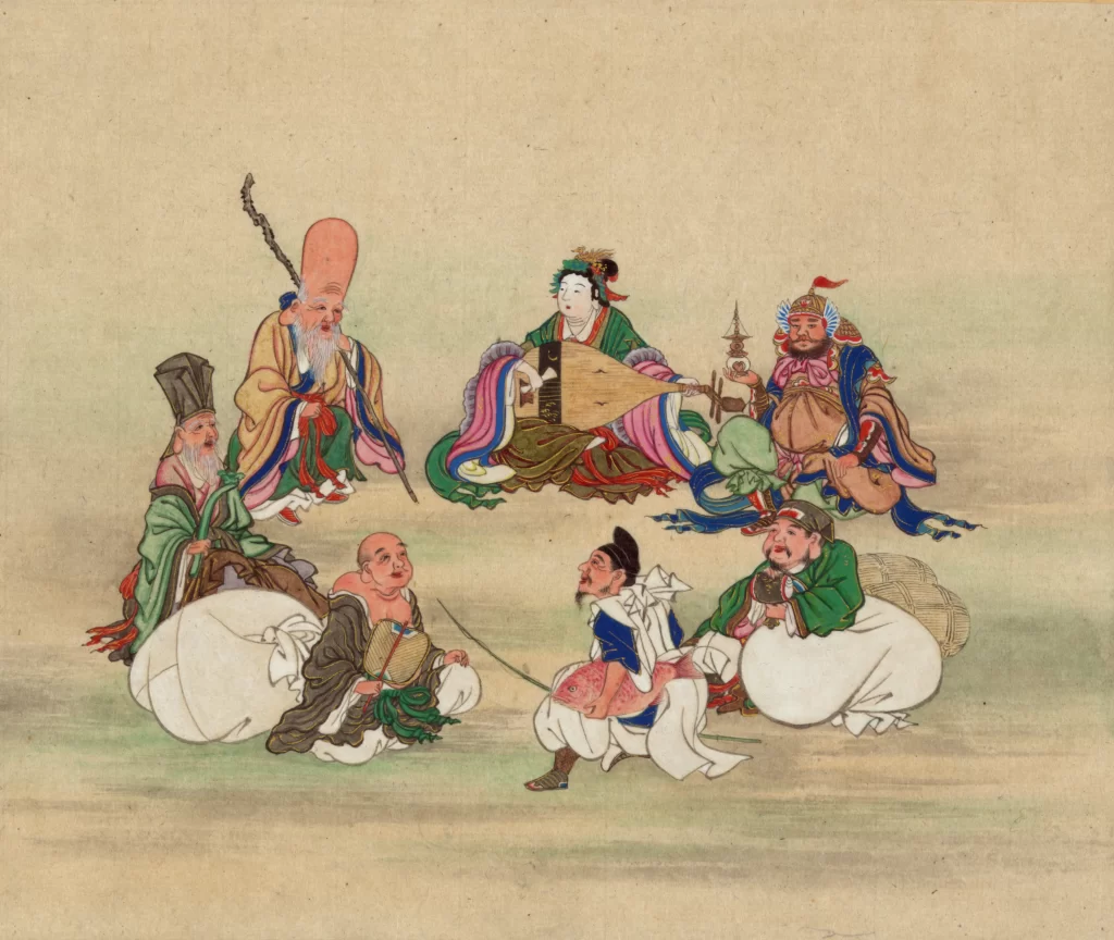 Traditional Japanese Characters Colorful Costumes Musical Instruments