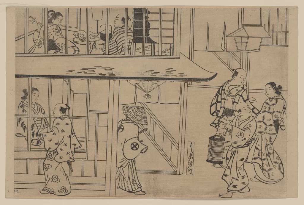 Traditional Japanese Figures Edo Period Black And White Daily Life Architectural Details Cultural Scene