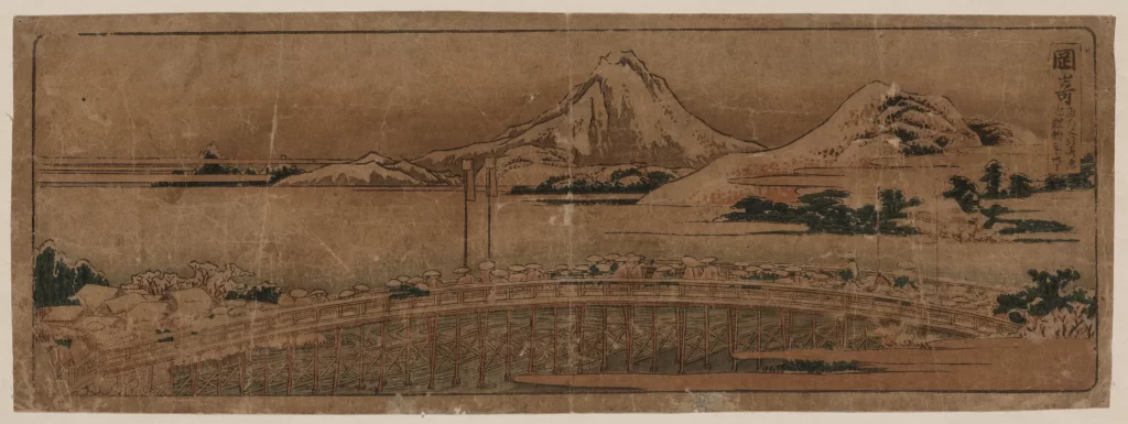 Bridge People Mountains Trees Water