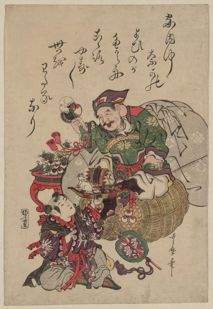 Traditional Japanese Figures Red Green Basket