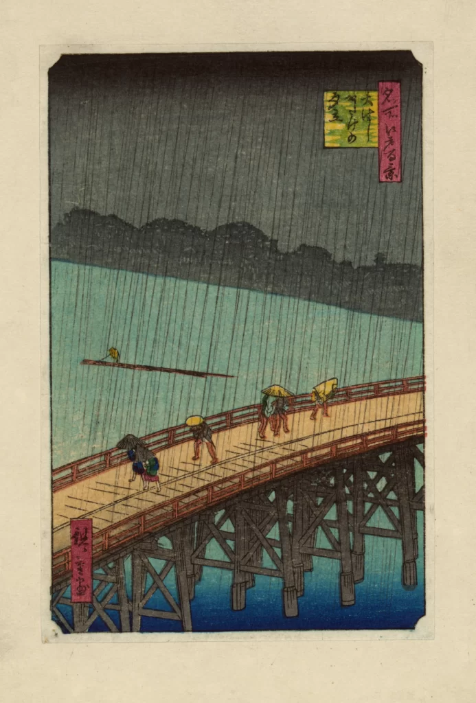 Rain Bridge People Umbrellas Blue Dark