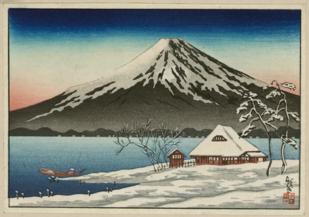 Mount Fuji Snow White Blue Sky House Trees
