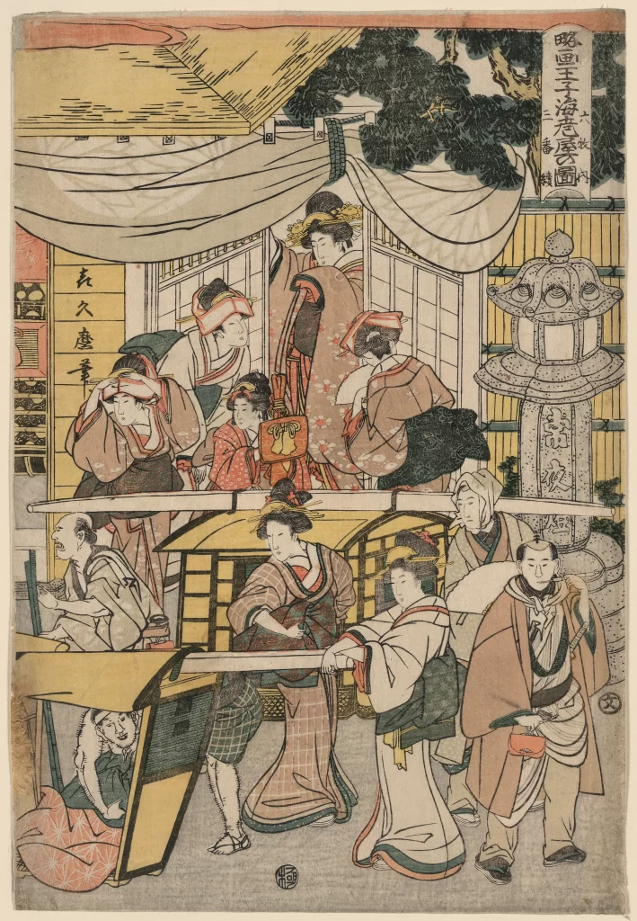 Traditional Japanese Figures Colorful Kimonos Intricate Patterns Wooden Architecture Serene Atmosphere