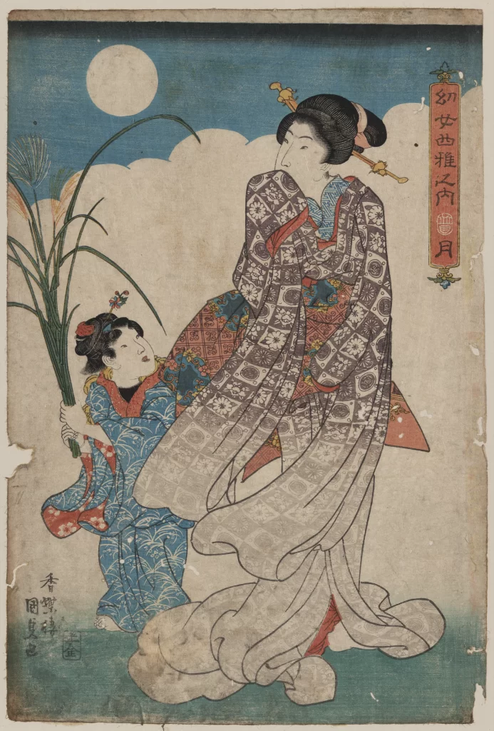 Traditional Japanese Art Ukiyo-e Historical Attire Moon Clouds Cultural Heritage