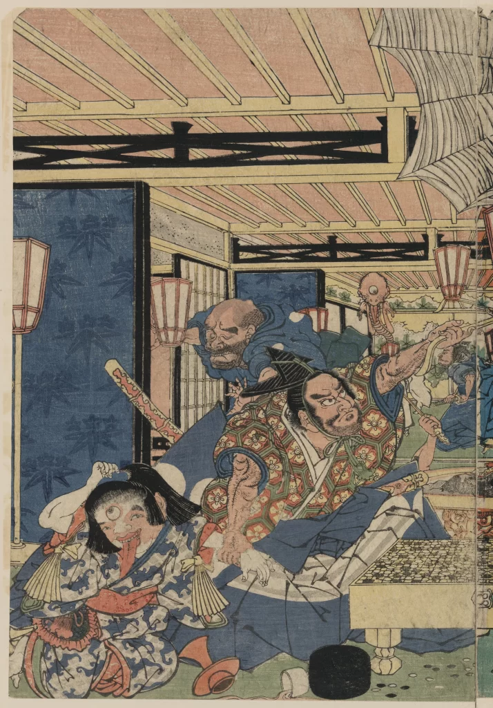 Traditional Japanese Art Ukiyo-e Historical Scene Samurai Cultural Depiction Dynamic Composition